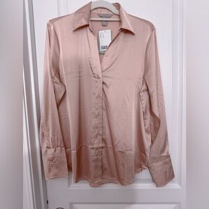 NWT H&M V neck satin pink blouse S Silky Pink Button-Up Shirt